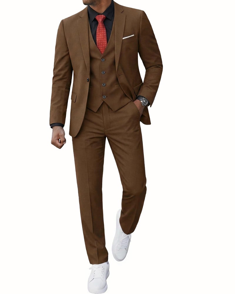 YND Men's 3 Piece Slim Fit Suit, One Button Solid Jacket Vest Pants Set with Tie, for Wedding Party Proms and Business, Khaki - Image 1